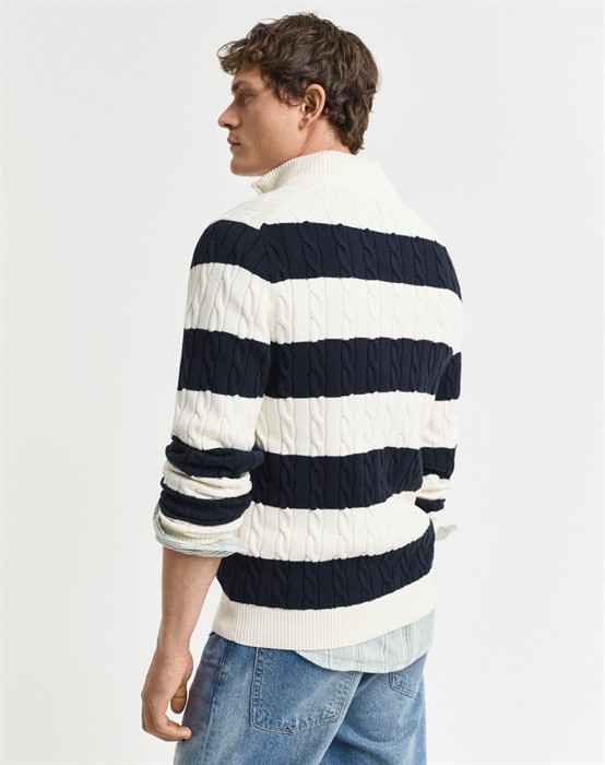 Striped Cotton Cable Half Zip Sweatshirt - Evening Blue